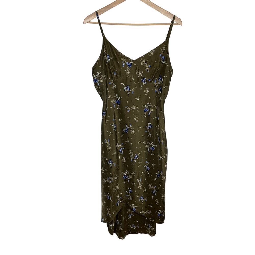 Vintage Express Women Silk Slip Dress 13/14 Green Ditsy Floral Tulip Hem 90s Y2K